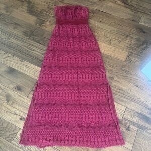 Vanity Vintage Crochet Strapless Midi Burgundy Boho Dress Size Small